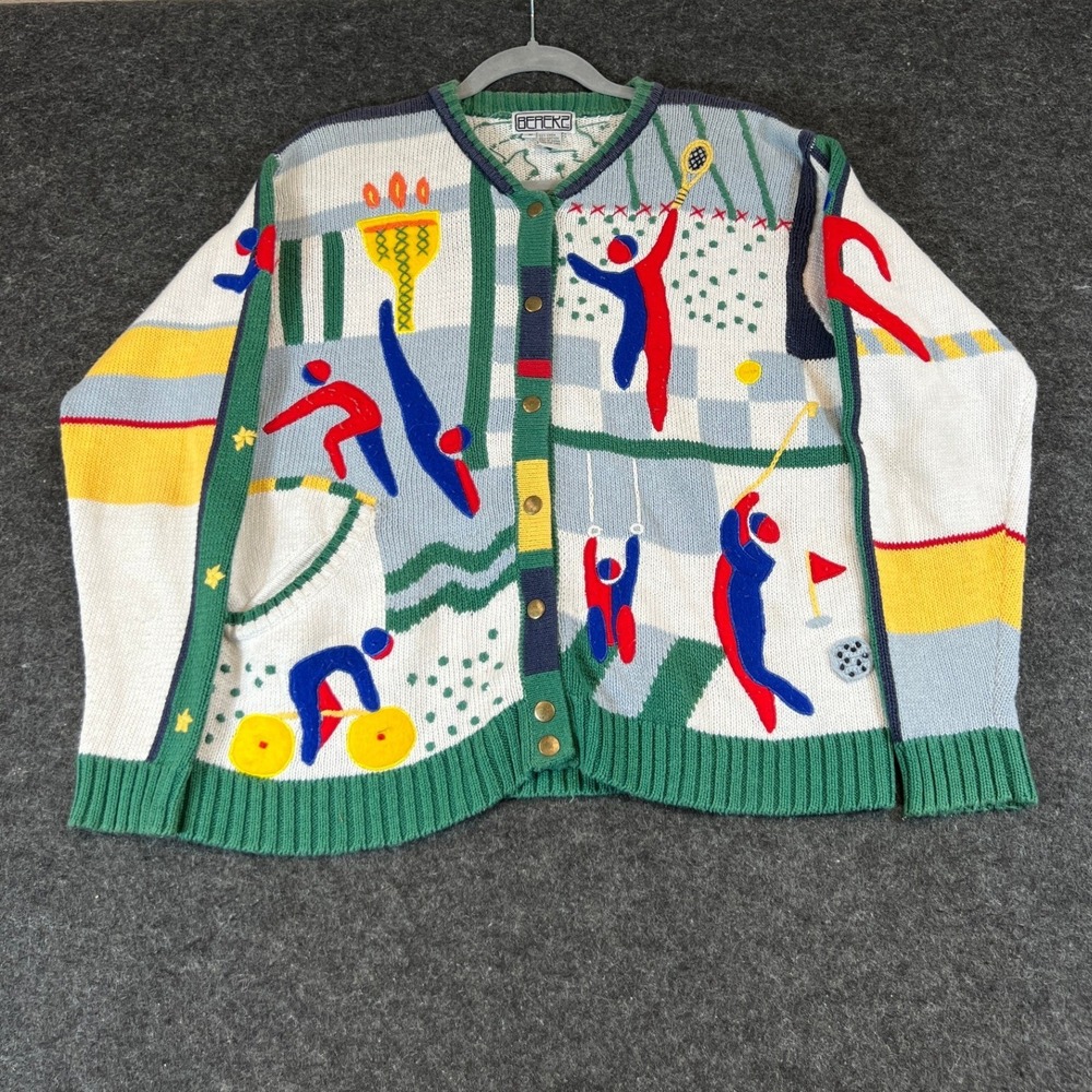 VTG Olympic Sports Abstract 3D Knit Cardigan Sweater Womens Small Linen Blend
